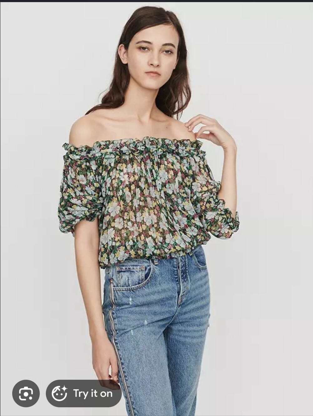 Maje Black Floral Off-the-Shoulder Smocked Blouse with Green and White Accents